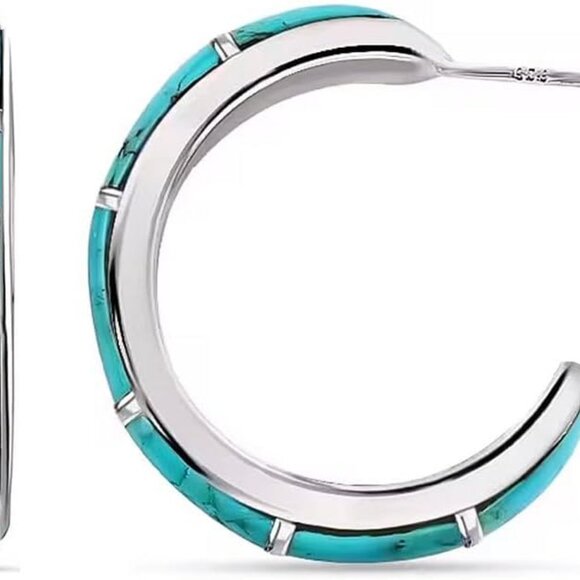 Sterling Silver Turquoise Hoop Earrings Women Gift Jewelry Wedding Anniversary - Picture 1 of 6